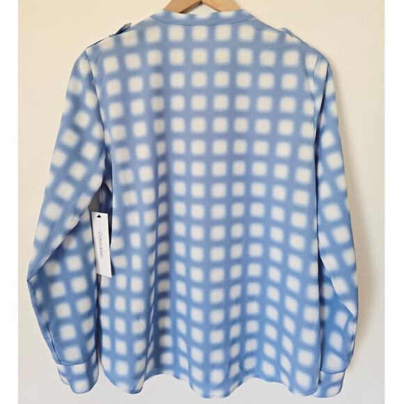 NWT Calvin Klein Blue White Gingham Split Neck Button Blouse Sz S Workwear Chic - Picture 3 of 4